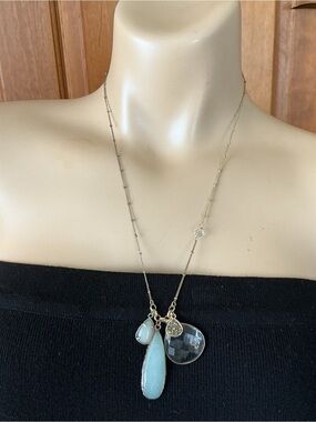 Silver tone link and ball chain with Pale turquoise Blue teardrop Pendants -